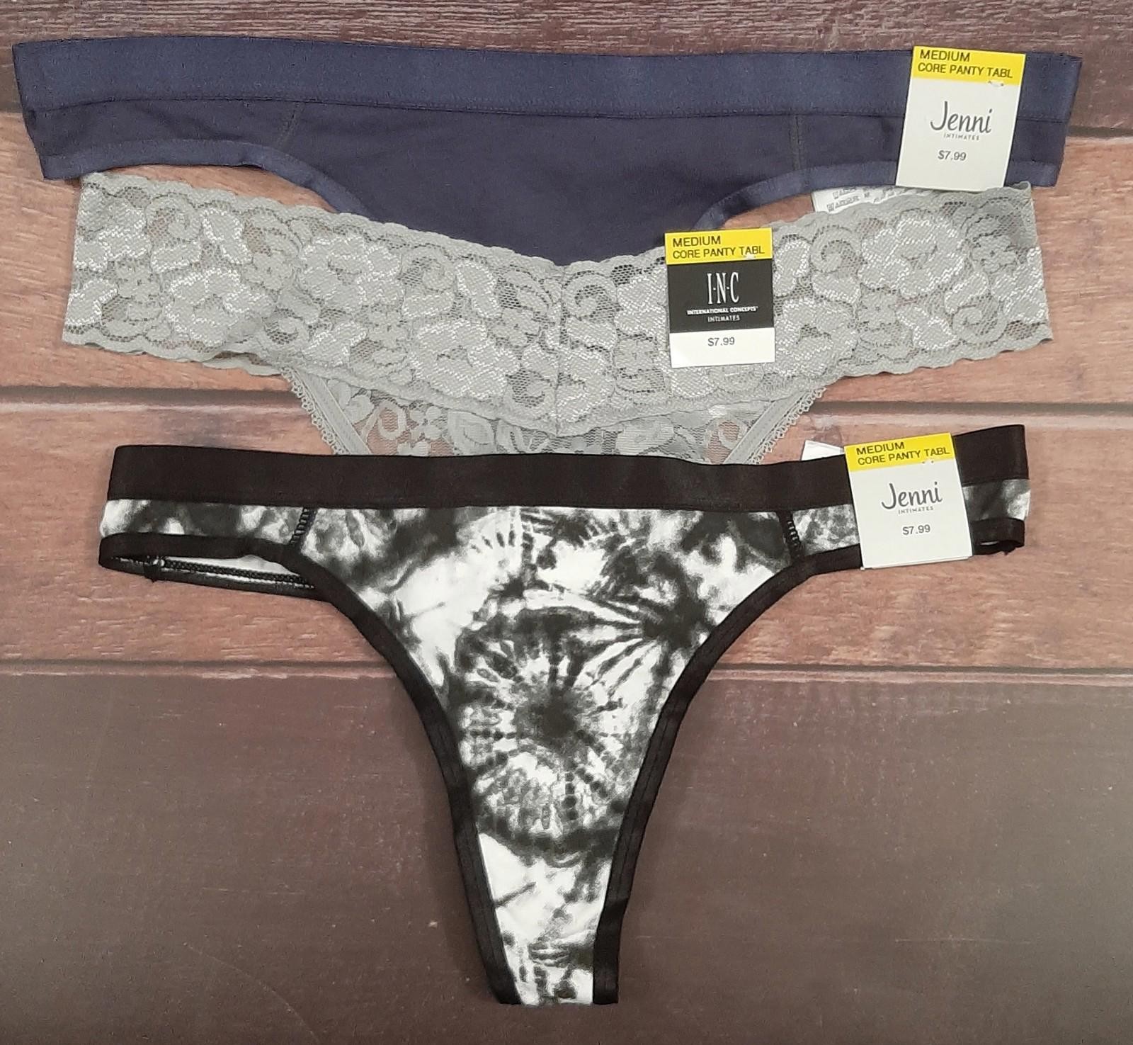 NEW Bundle of 3 Pairs Womens Thong Panties I.N.C. & Jenni Sz Med Blue Gray Black