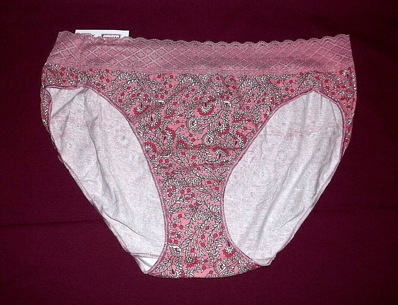 HANES LACE TRIM HiCut Brief Panty Black Mauve Floral Misses Size 6 7 or 9 NWT