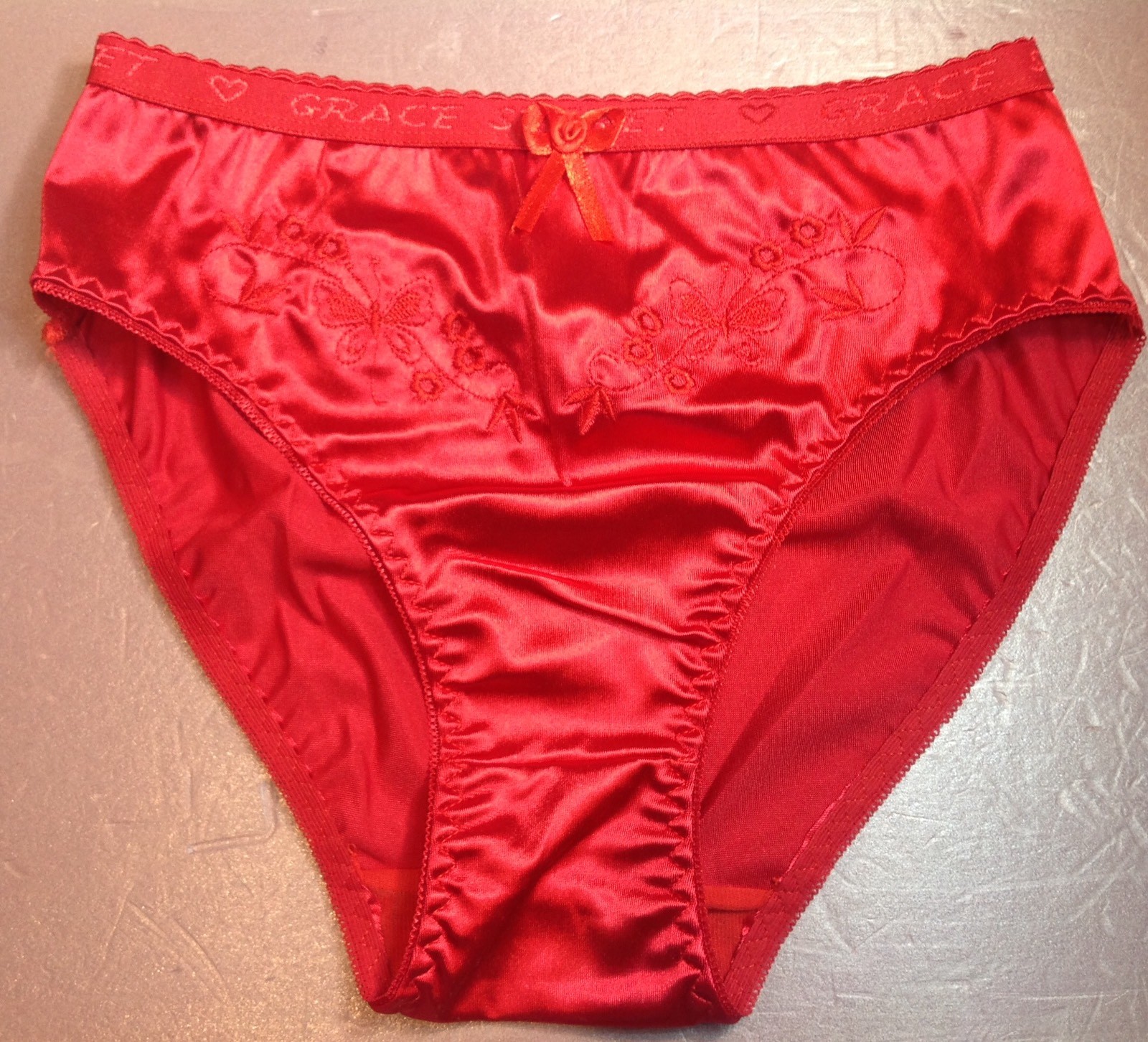 Women Panties Bikinis GRACE Size Large Red Nylon Satin W/Decoration Elastic