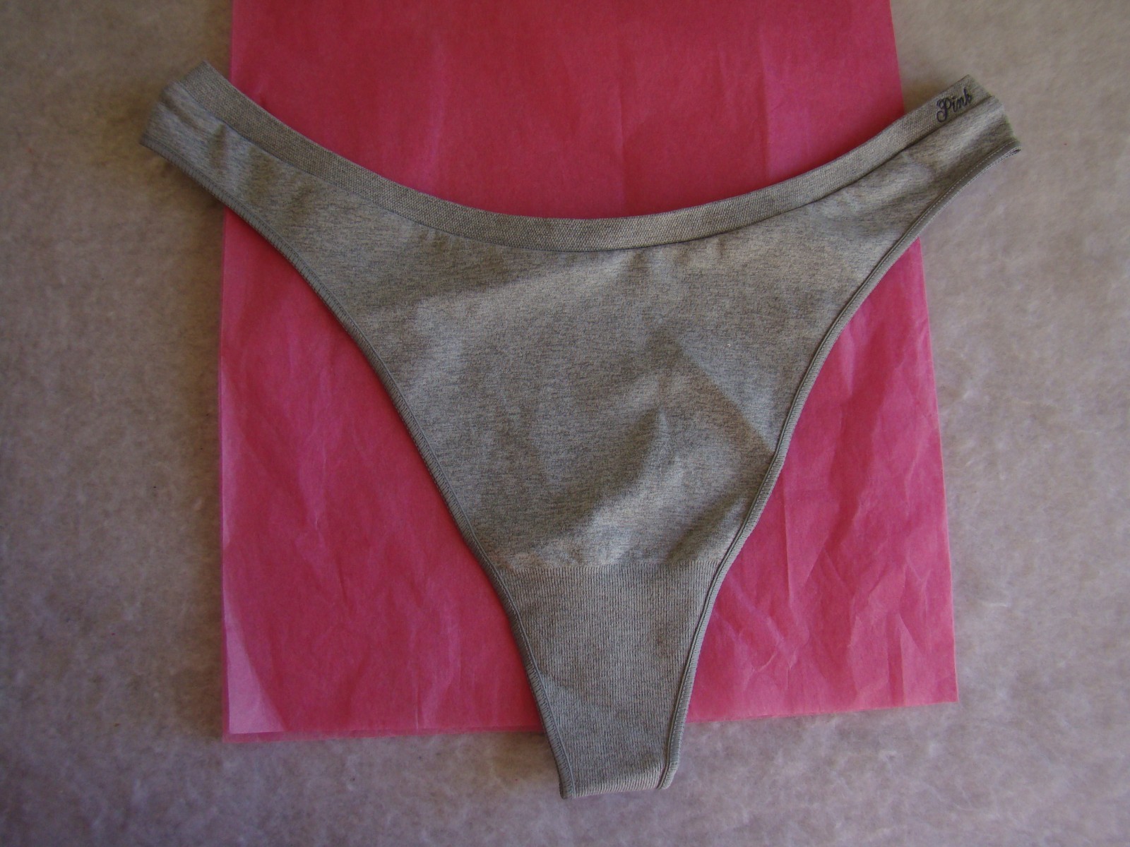 New Victoria’s Secret PINK Logo Light Gray Polyester Elastane Thong String Panty