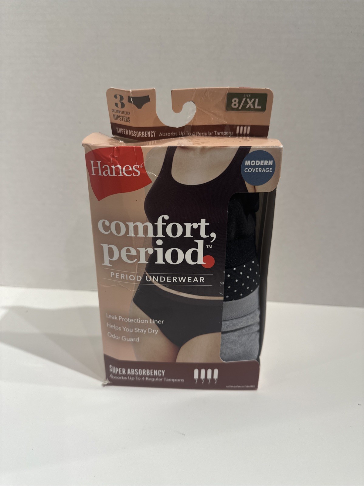New 3pk 8/XL Hanes Women’s Comfort Period Super Absorbency Hipsters Underwear