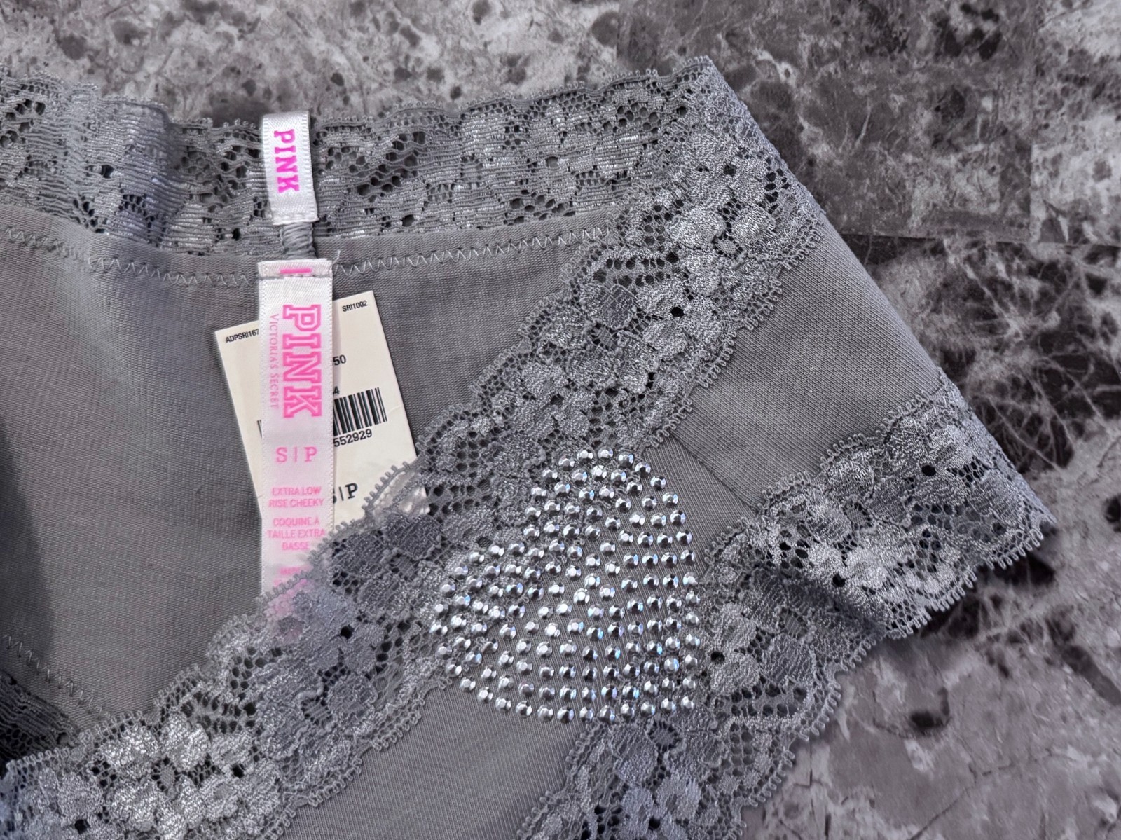 NWT VICTORIA’S SECRET PINK S GRAY SILVER STUD HEART VINTAGE RARE CHEEKY PANTIES