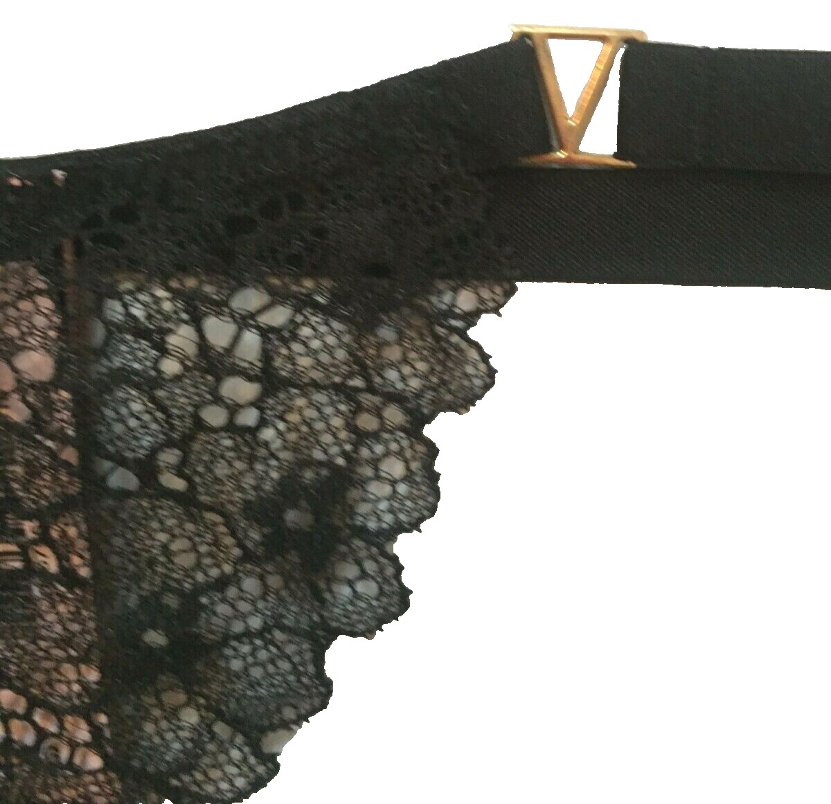 Victorias Secret Very Sexy Black V-String Thong Panties Size L Sheer Lace Logo V