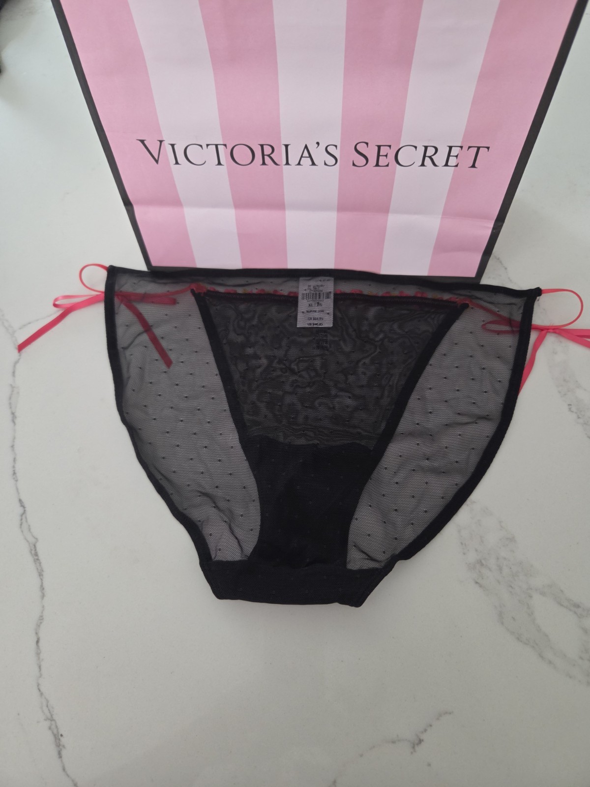 Victoria’s Secret Bikini Panties Lace Mesh Sheer Bow Black Pink 2 Pack Xl