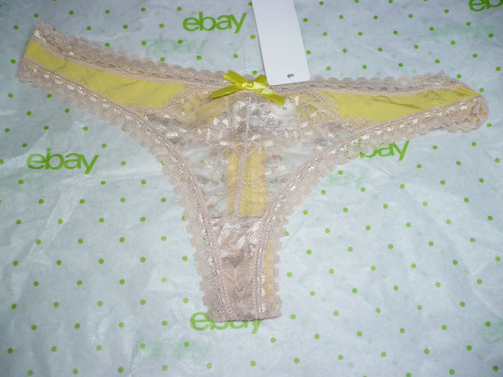 Hers By Herman Micro & Lace Thongs 1 Pair Yellow & Natural Size LARGE New