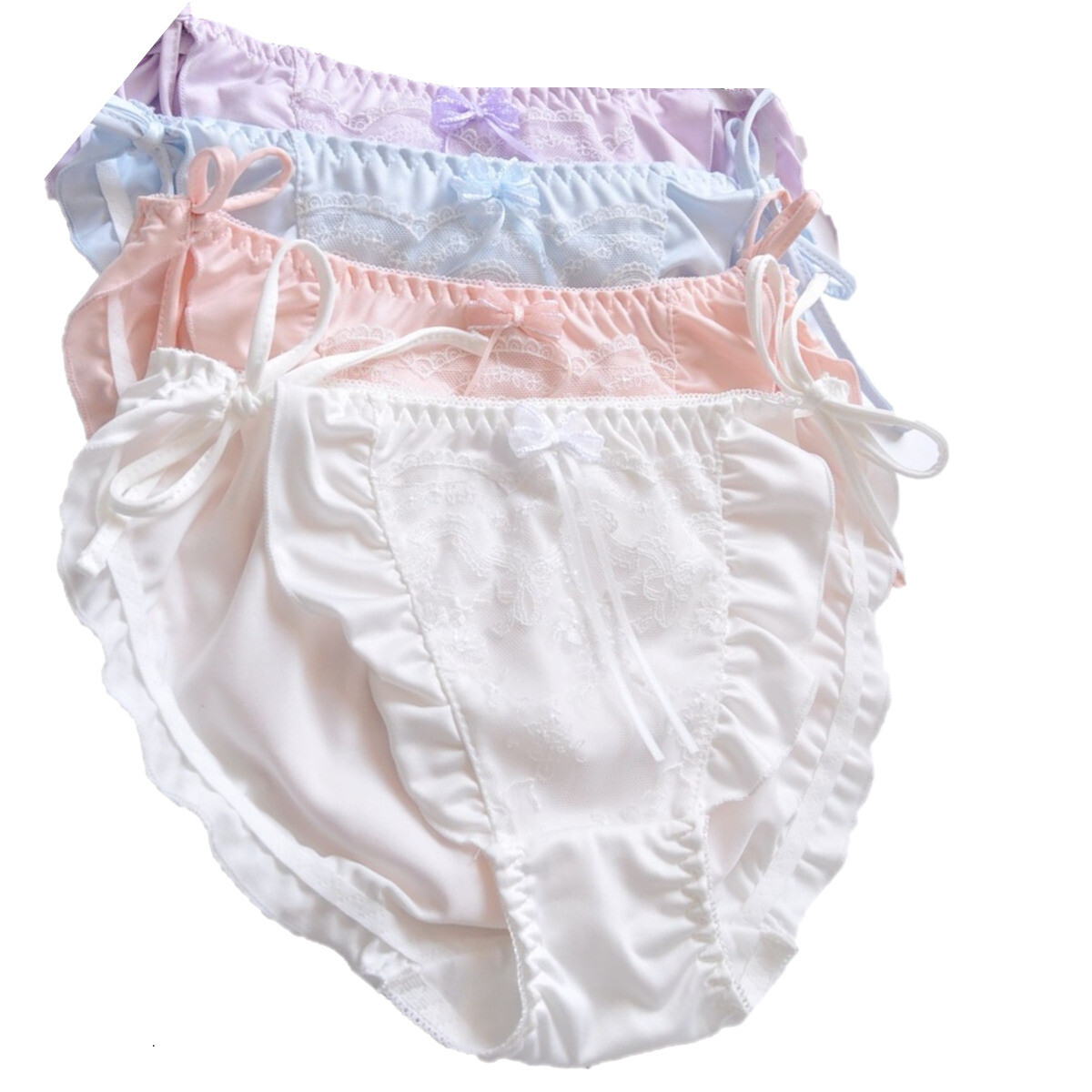 4pcs Womens Milk Silk Knickers Side Tie Hipsters Cute Underwear Frilly Panties @