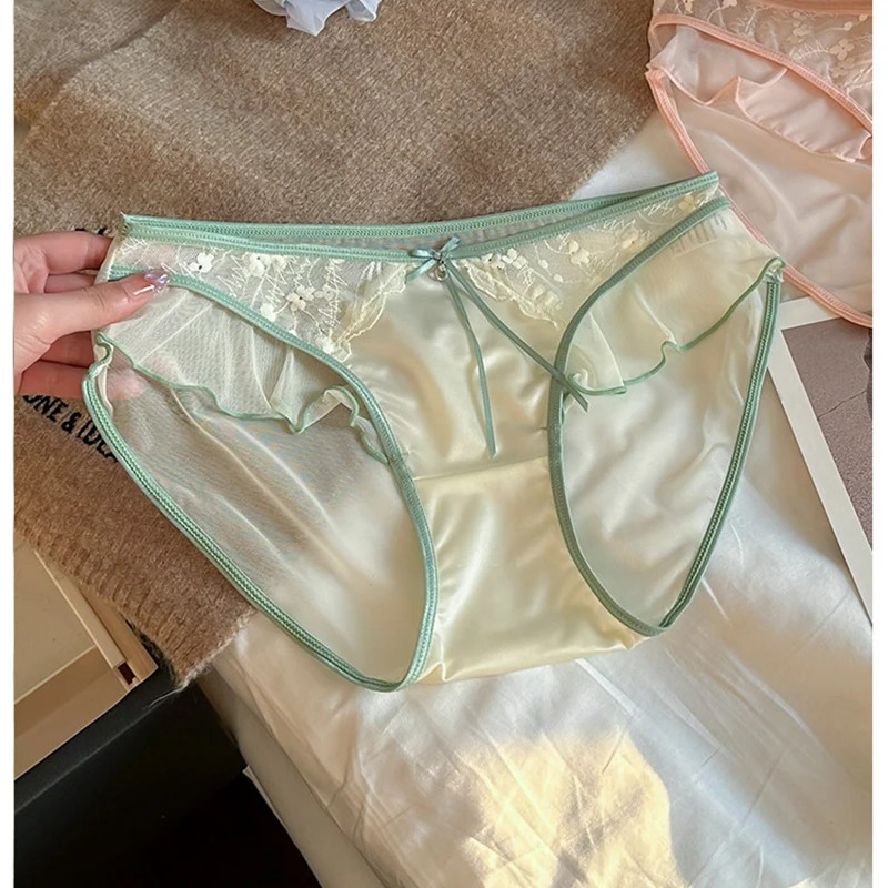 1pc Women Panties Lace Mesh Satin Transparent Low Waist Seamless Briefs