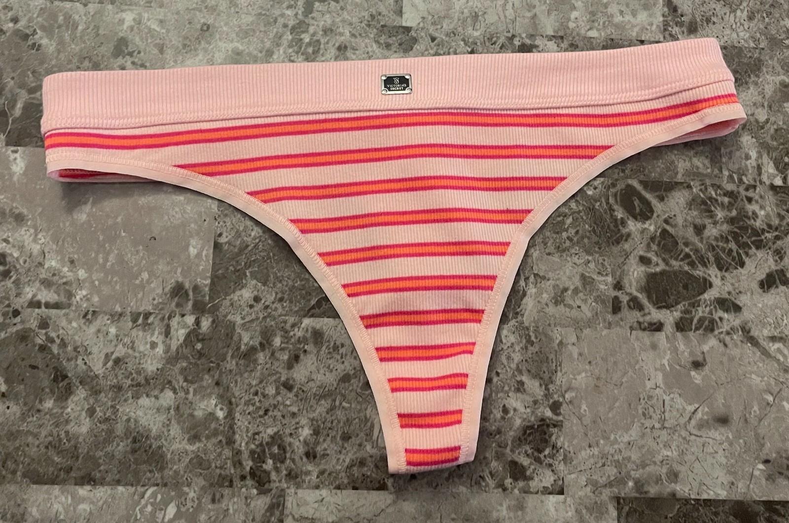 NWT VICTORIA’S SECRET PINK STRIPE RIBBED KNIT THICK LOGO WAISTBAND THONG PANTIES