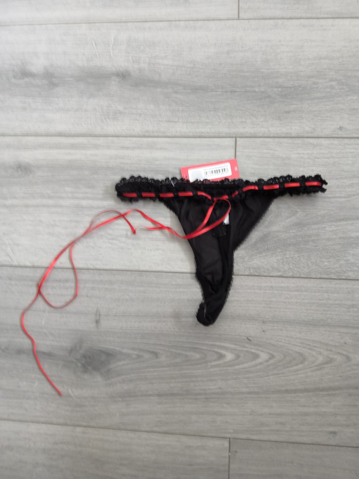 BNWT Vintage Daniel Axel Sheer Black Mesh & Ribbon Slotted Lace Thong Size 8-10