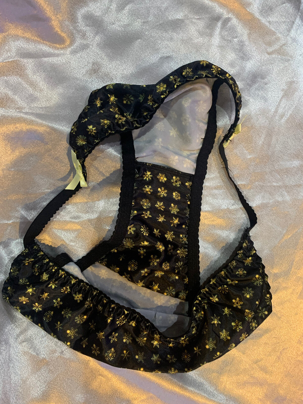 Nwot Handmade Sz L black gold snowflake satin string bikini Sissy panties