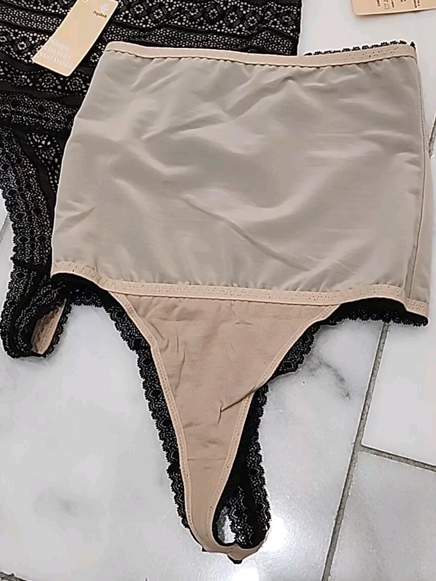 2- Popilush Shapewear Panties High-waisted Underwear Lace Thong Black Sz M
