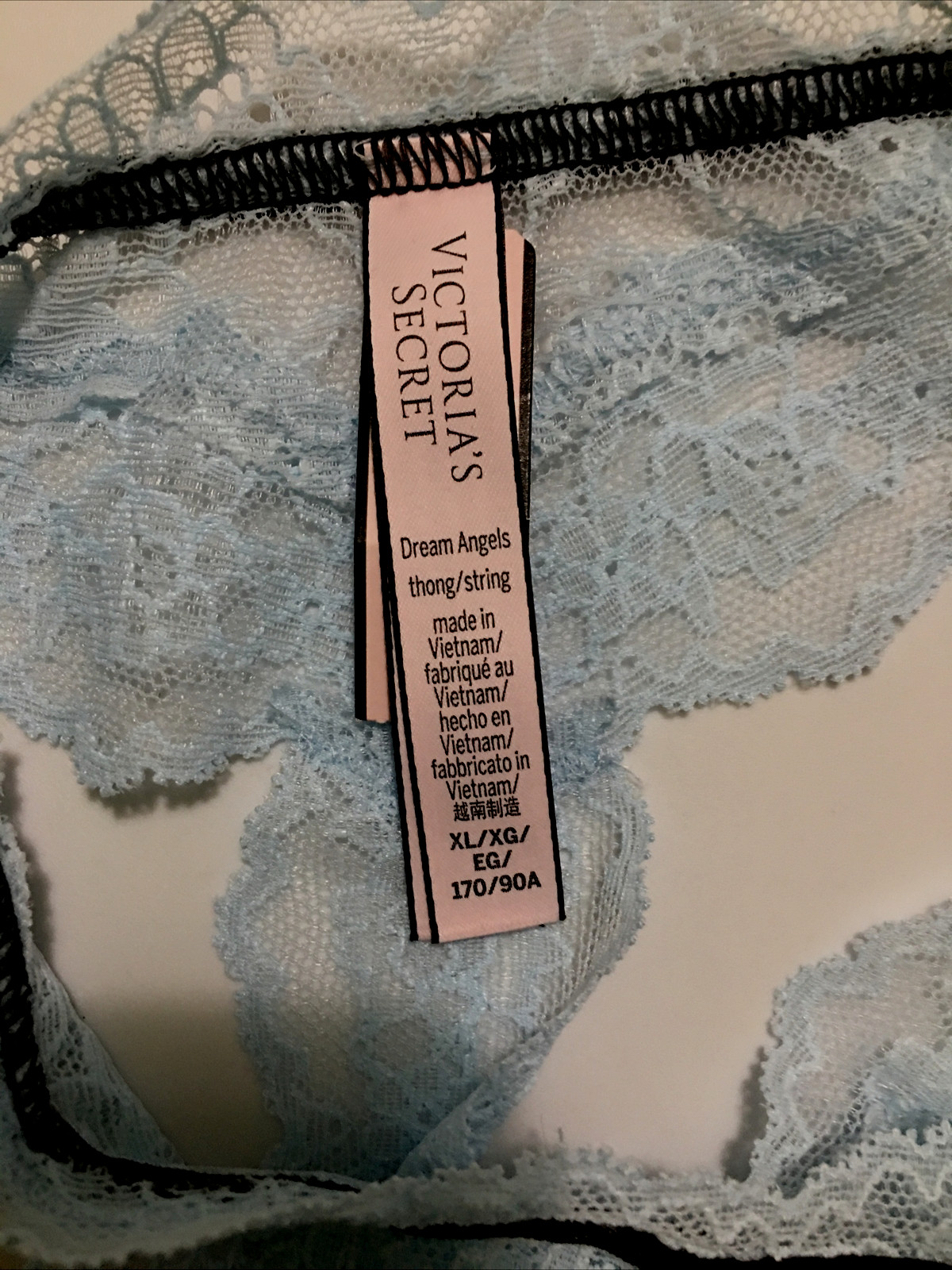 Victorias Secret Dream Angel Powder Blue Lace Thong Panty XL Black Ribbon Trim