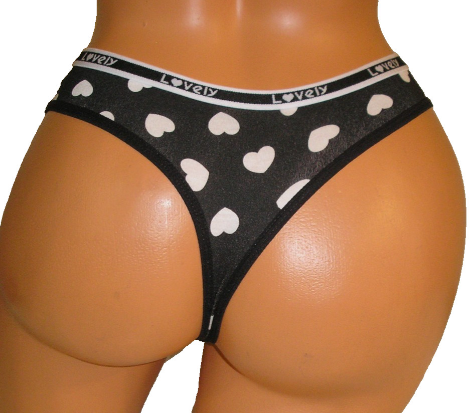 Panties Lingerie Heart Print Black Thong Medium Adult Gift