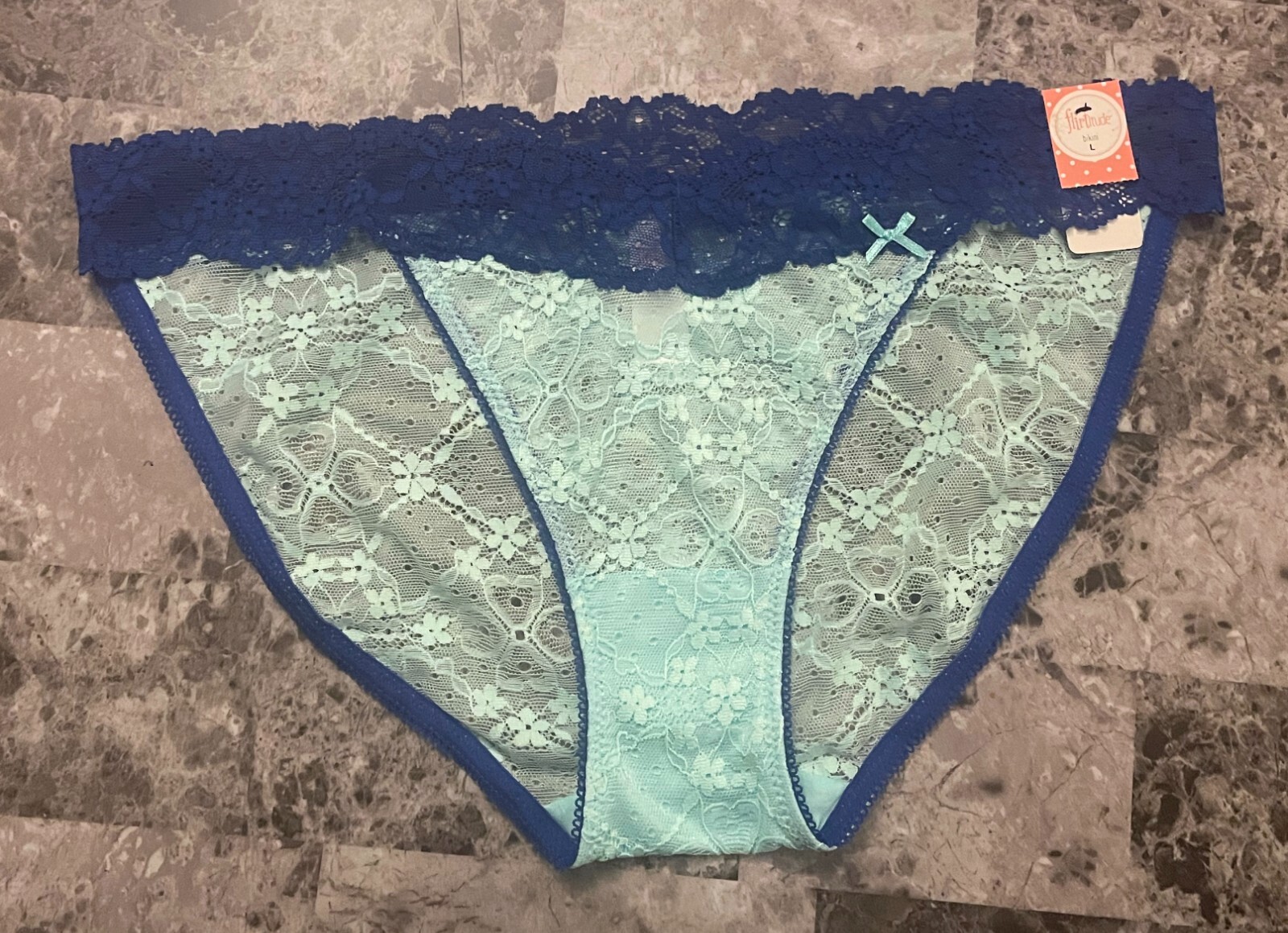 NWT FLIRTITUDE LARGE AQUA BLUE FLORAL LACE MESH BOW RARE BIKINI PANTIES