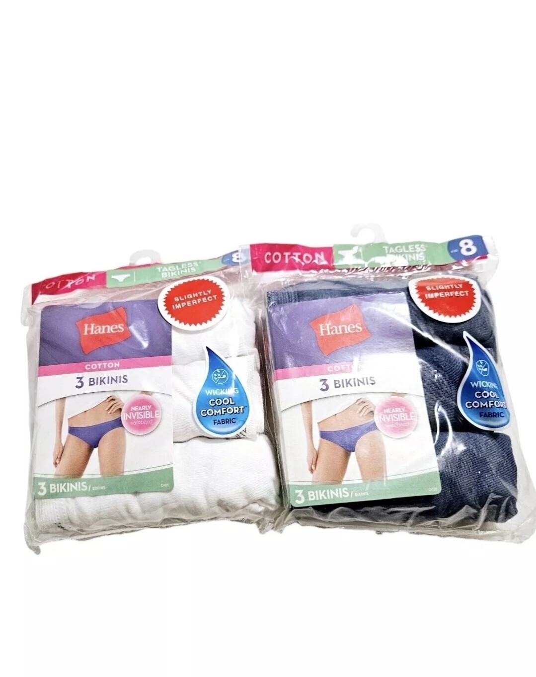 Hanes Women’s 3 Pairs Bikini Panties 100% Cotton Size XL/8 White & Blue