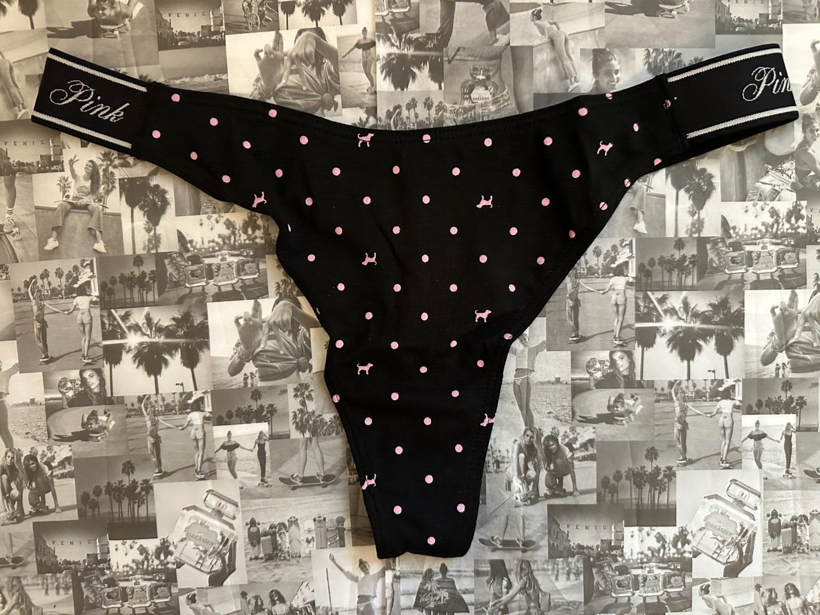 Victoria’s Secret PINK Elastic Logo cotton High Leg Thong Panty Black Dot Dog M