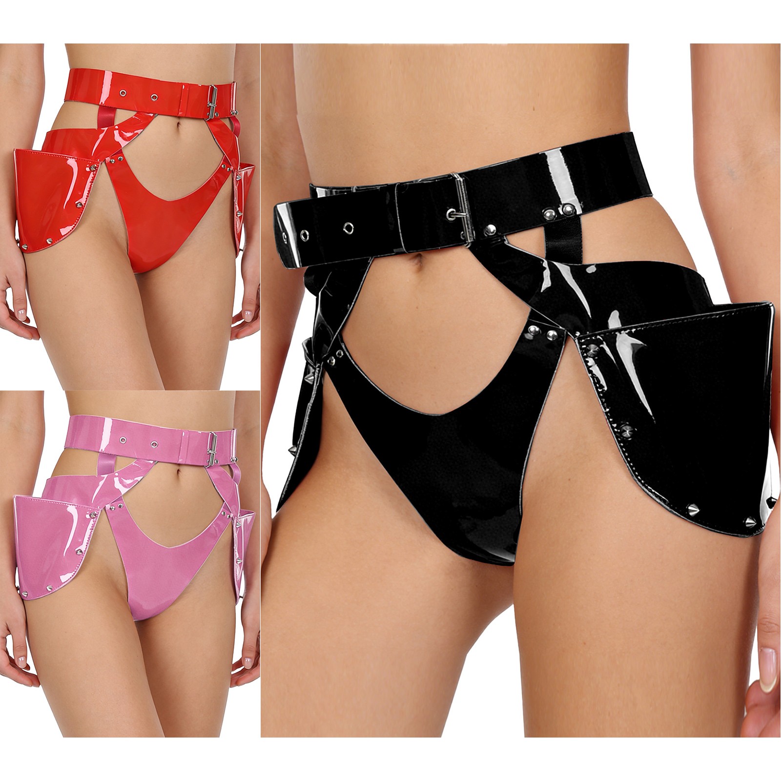 Women’s Gothic PU Briefs Glossy Cutout Stud Side Pockets Lingerie Nightclub