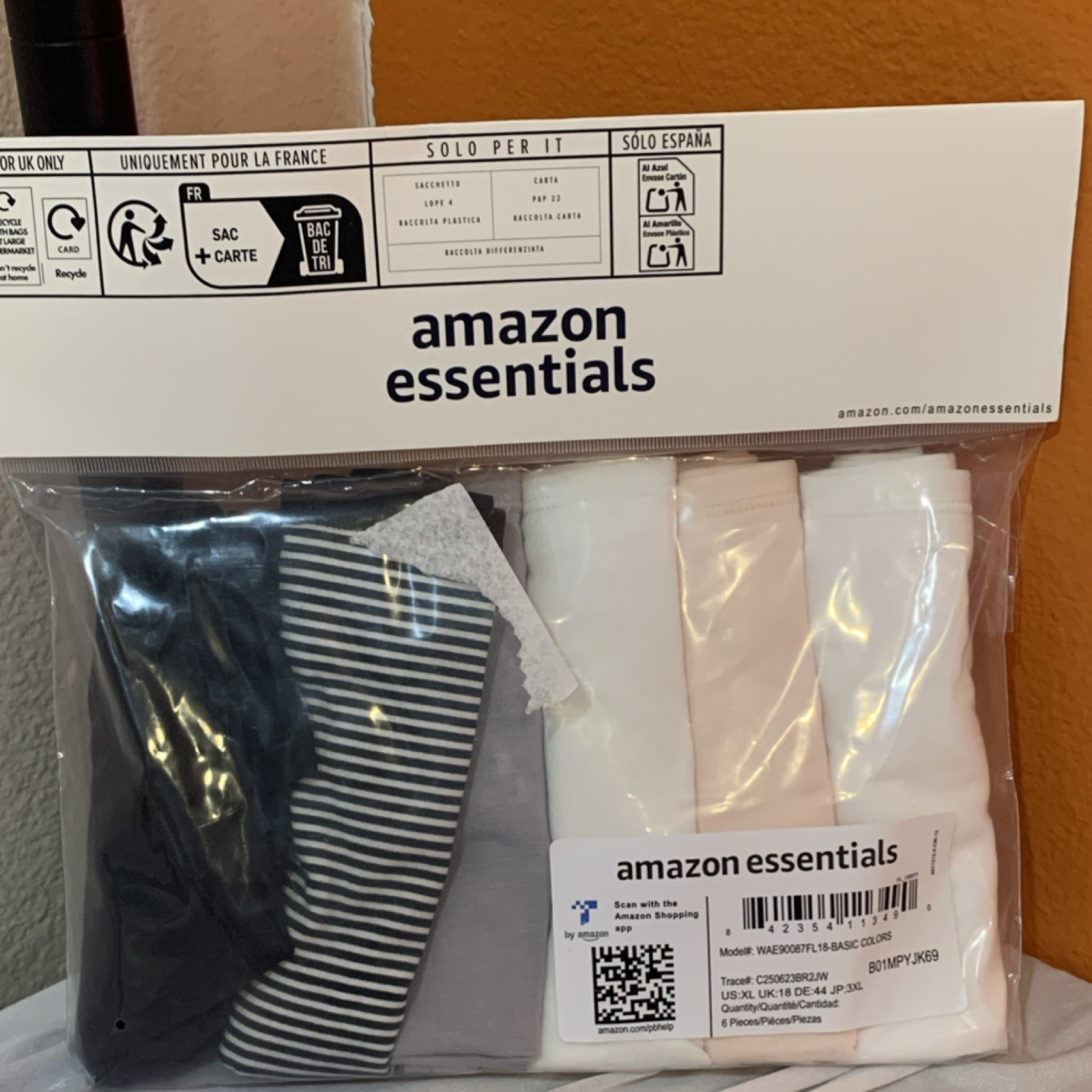 Amazon Essentials 6 Pack Brief Panties Women’s XL Gray Black White Striped