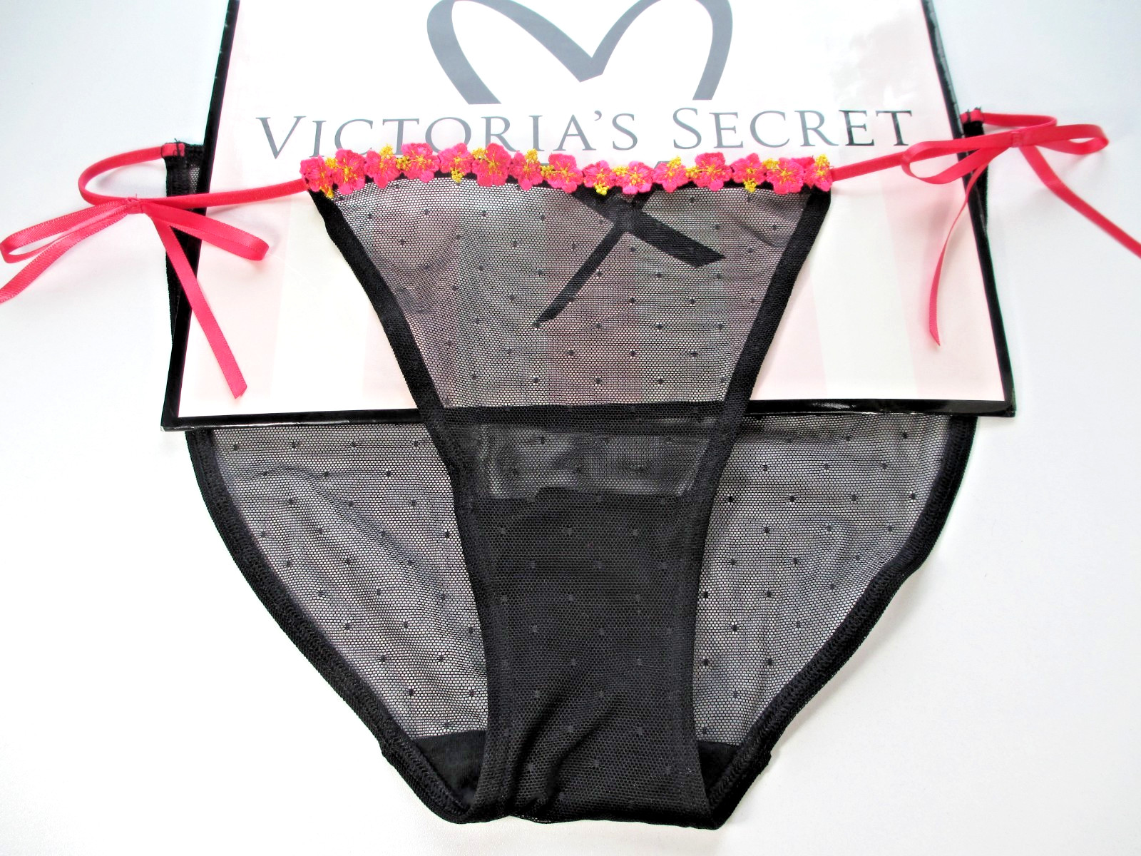 VICTORIA’S SECRET PINK String Bikini Panty S M L XL Black Mesh NWT Orange Tie VS