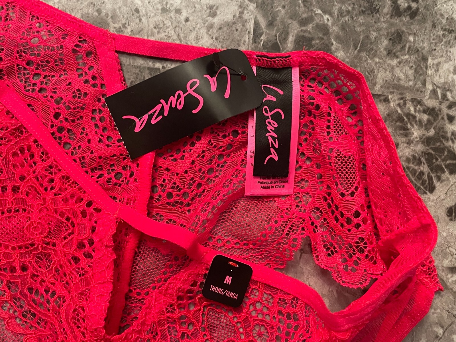 NWT LA SENZA M NEON RED FLORAL LACE MESH RIBBON TRIM CUTOUT CHEEKY THONG PANTIES
