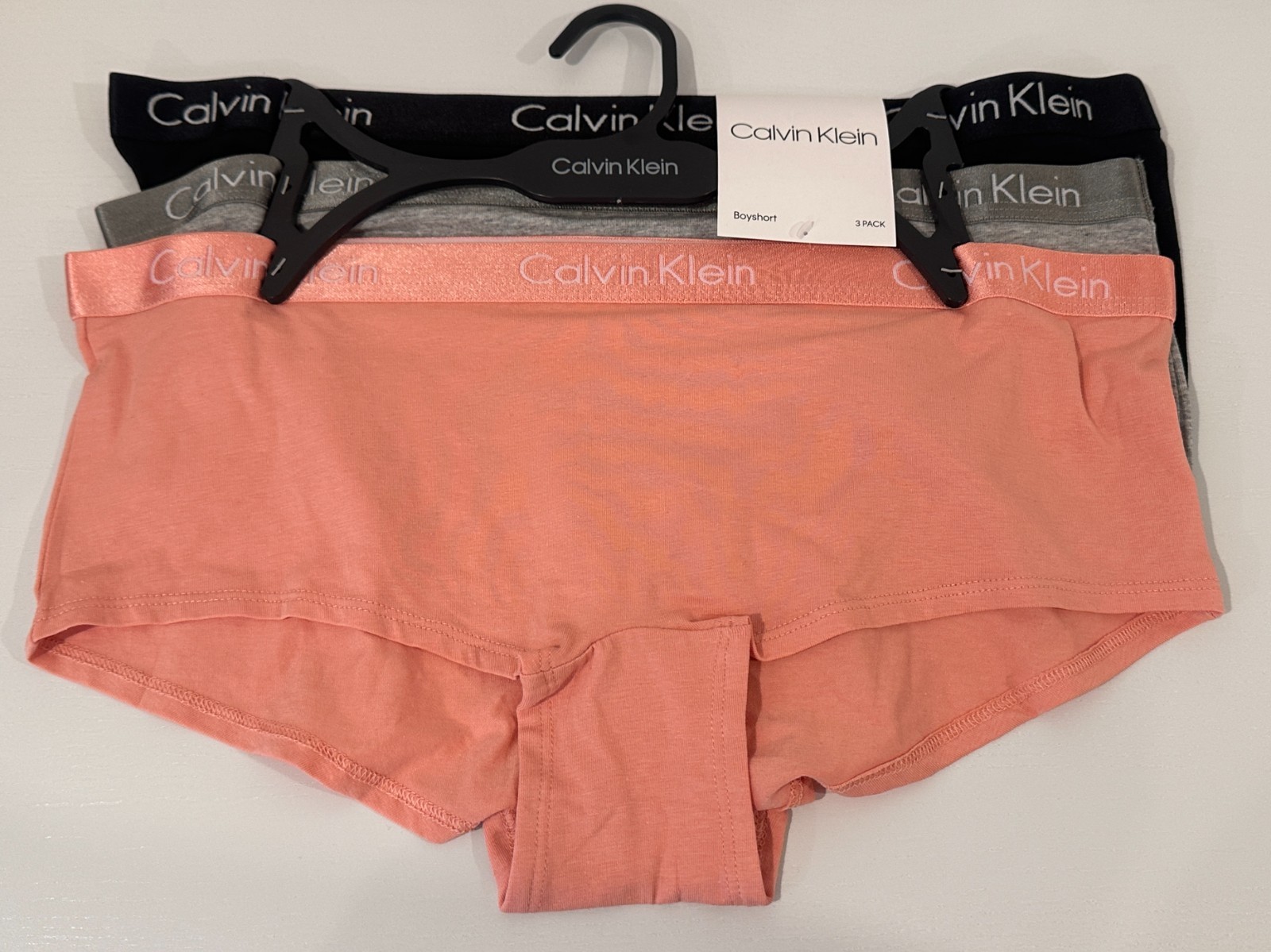 NWT Calvin Klein 3 Pack LARGE Motive Cotton Boyshorts Women’s Black Grey Pink