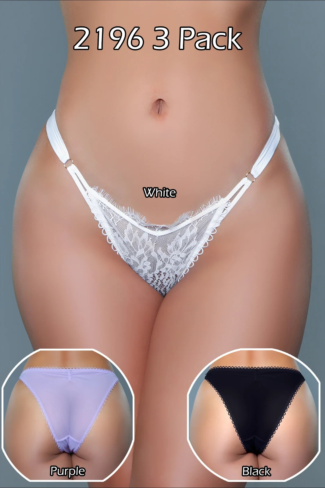 Brazilian Lace Panties 3-Pack BeWicked Scalloped Edges White Purple Black 2196