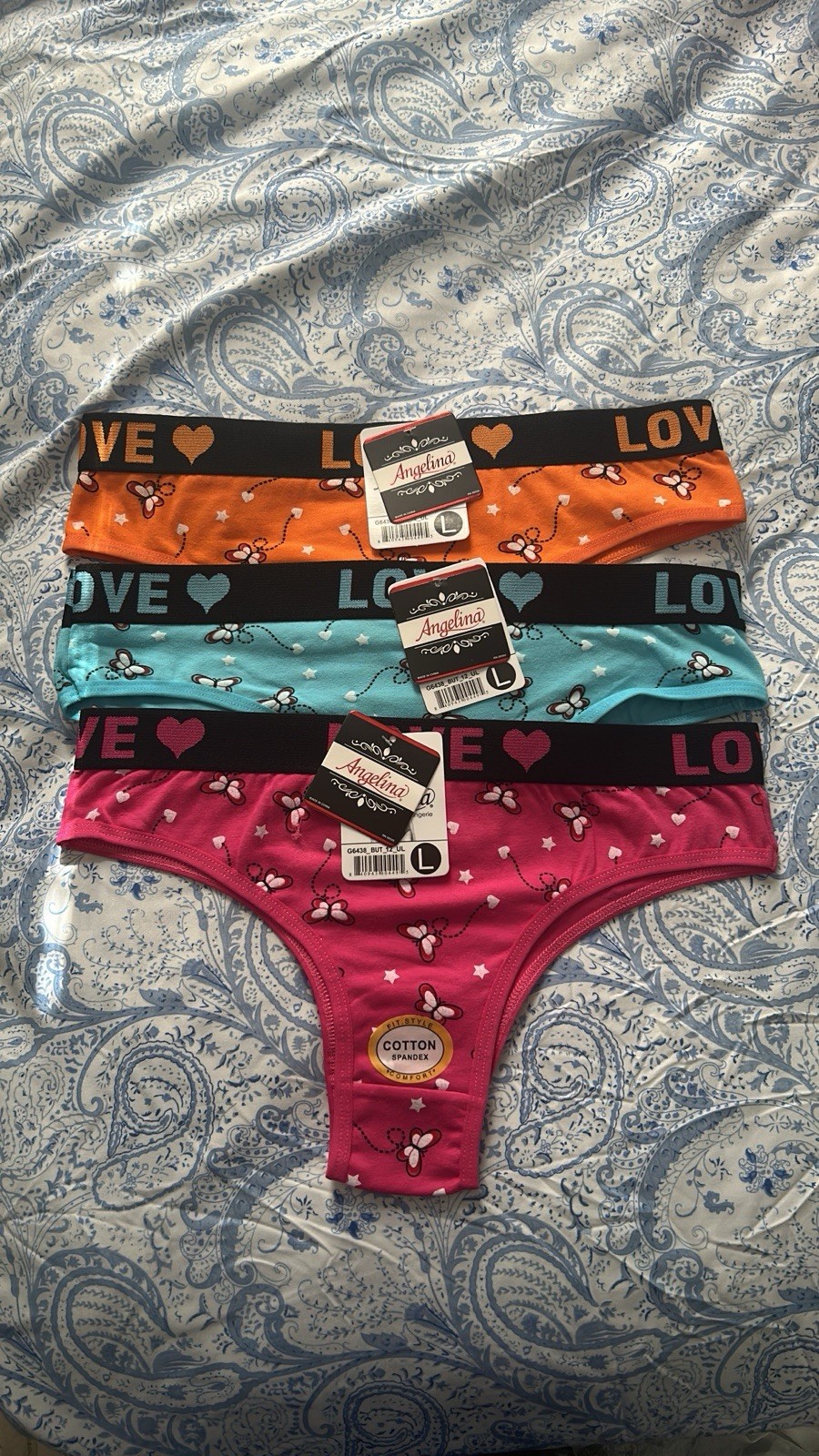 Angelina Women’s 3-Pack L Thong Panties Butterfly Love Logo Cotton/Spandex