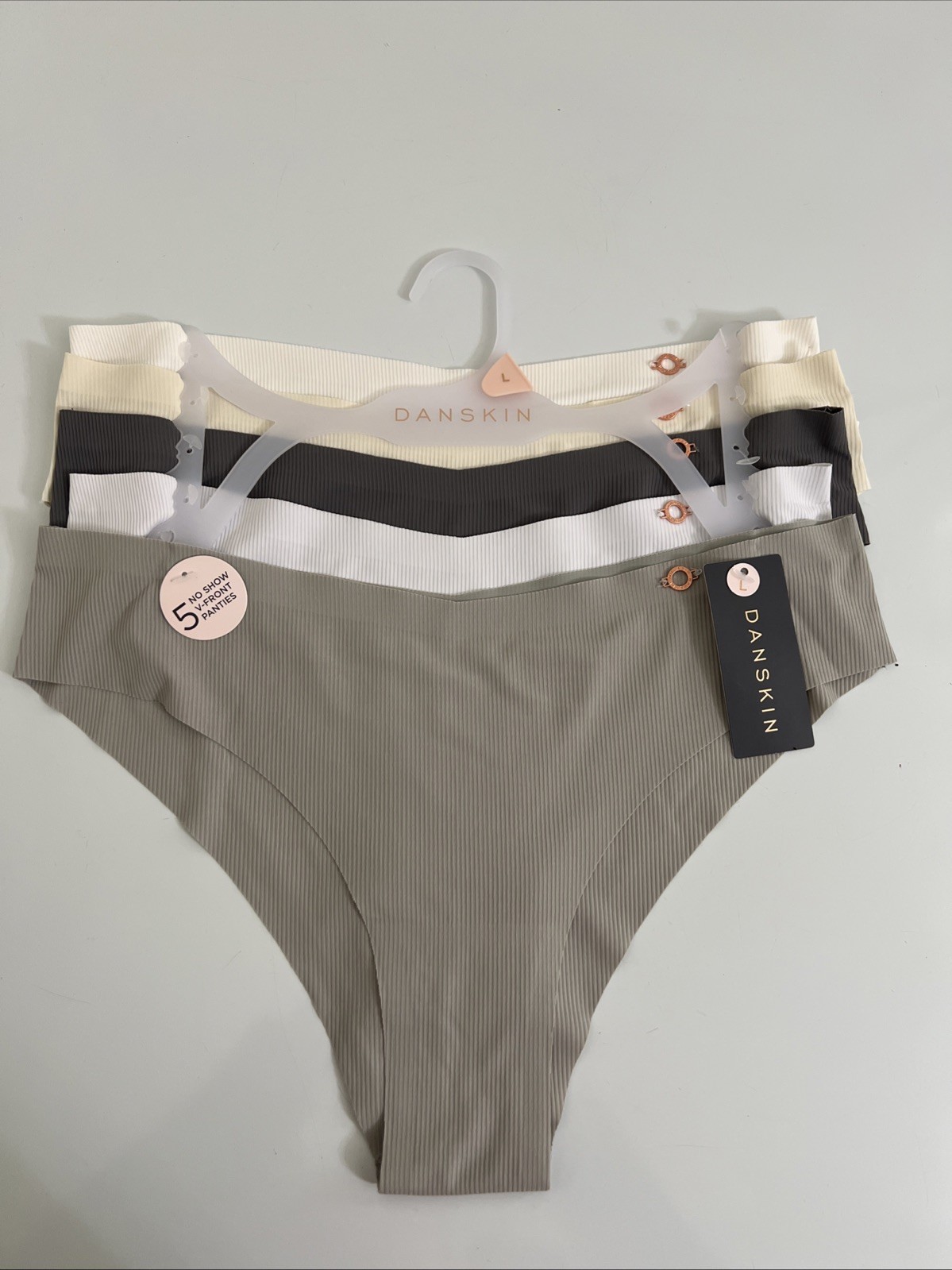 DANSKIN 5 Pack Women’s Logo No Show V Front Panties Underwear Neutral Colors L
