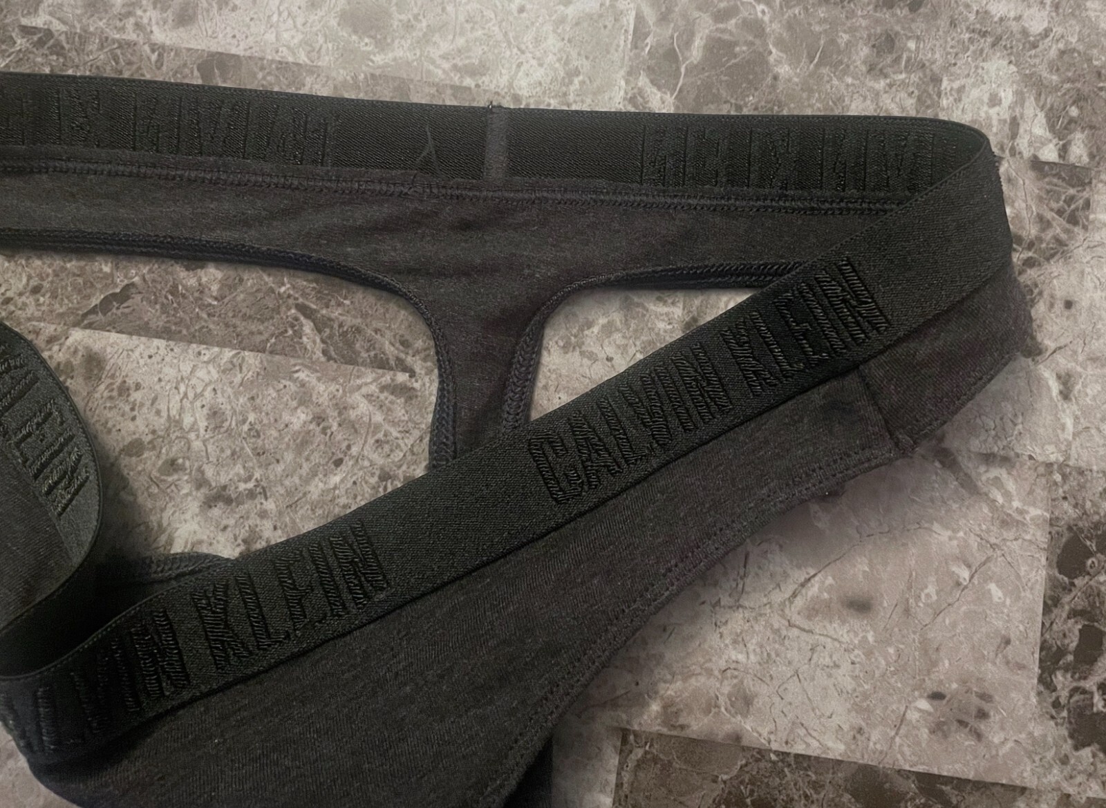 NWOT CALVIN KLEIN CHARCOAL GRAY EMBROIDERED THICK LOGO WAISTBAND THONG PANTIES