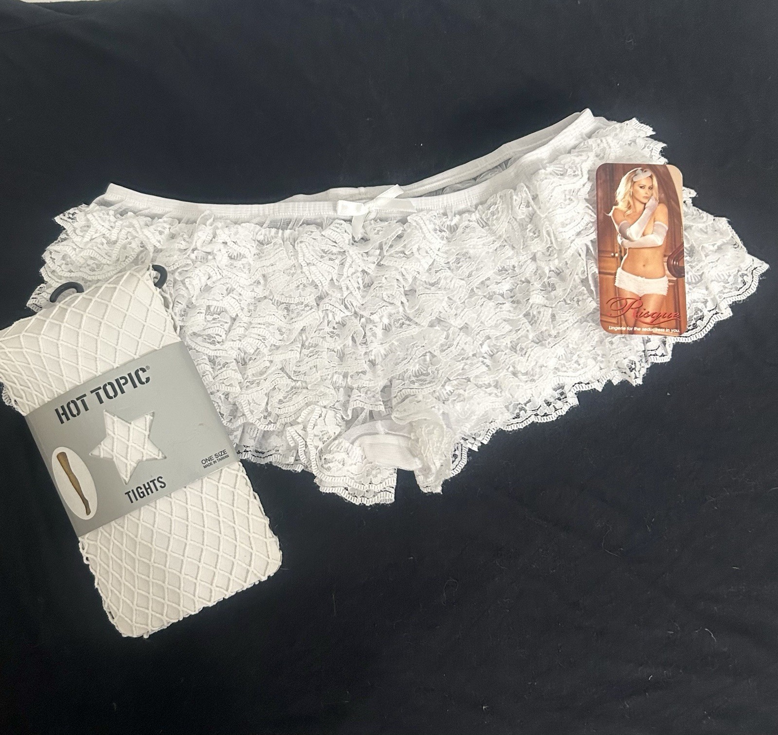 Risqué + Hot Topic Tiered Lace Ruffle Boy Short Panties & Fishnet Stockings O/S