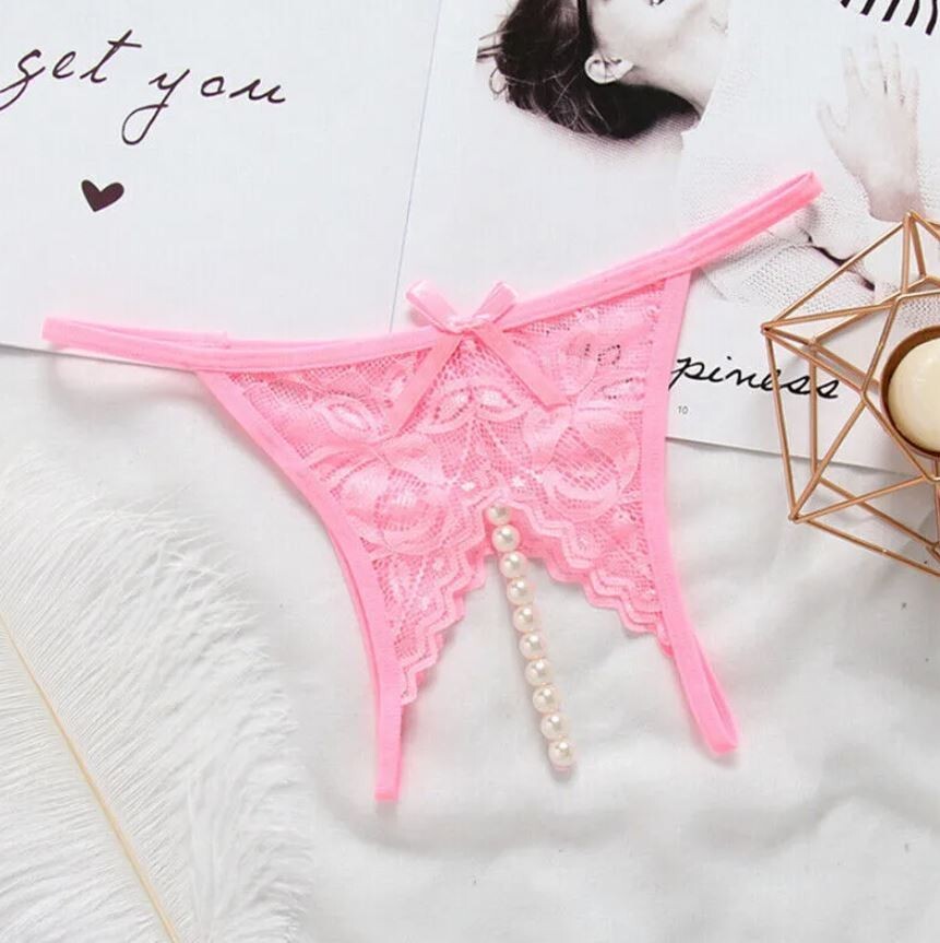 Women Lace Crotchles Thong G-string Pearl Panties Lingerie Underwear T-back
