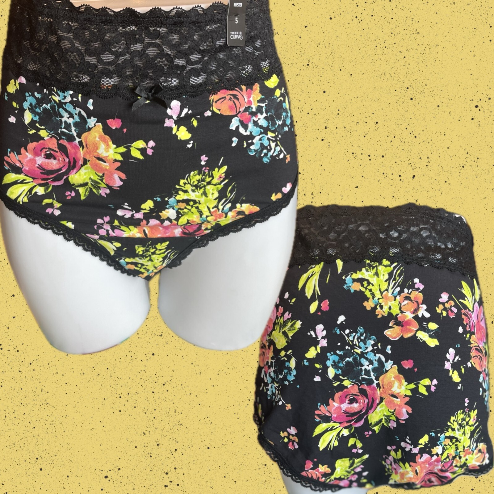 Torrid +5 Black Floral Wide Lace Scallop Waistband/Trim Cotton Hipster Panties
