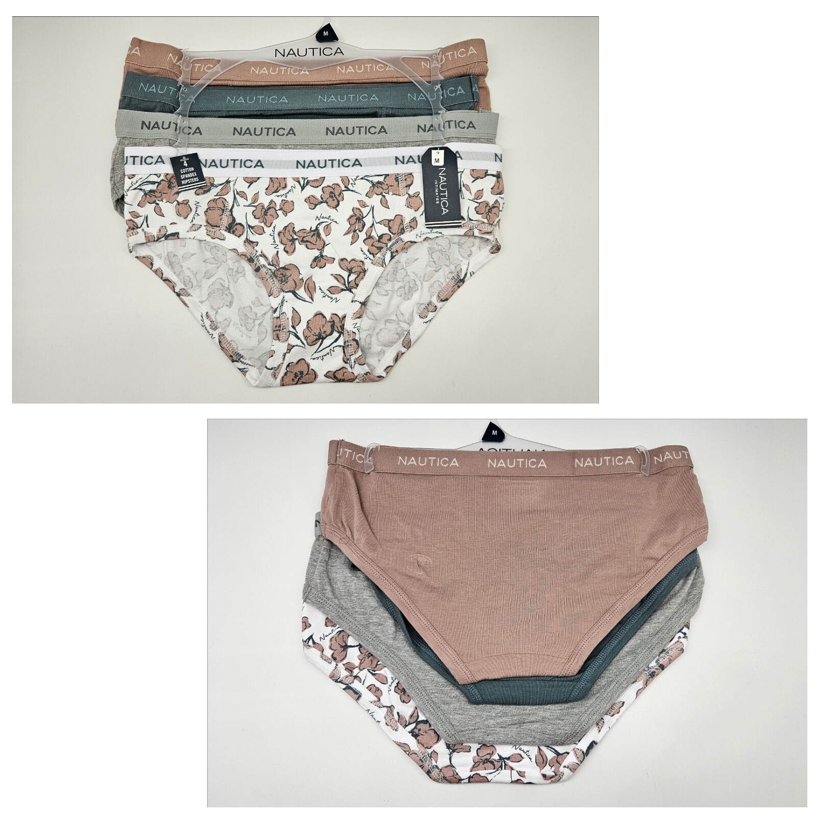 NAUTICA 4 Pack Women’s M XL Cotton Logo Hipster Panties Brown Blue Gray White