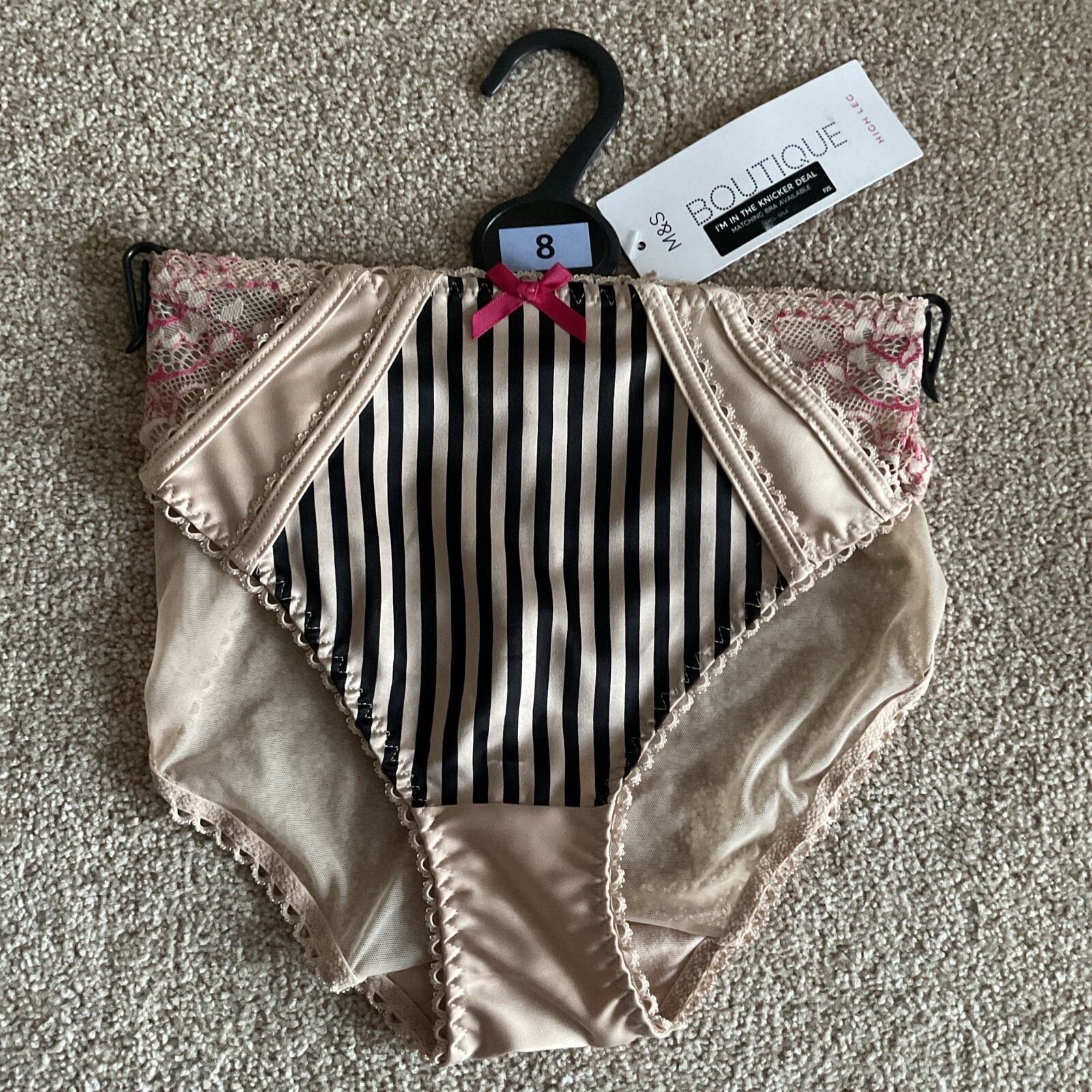 M&S Size 8 Boutique High Leg Knickers Rose Quartz Satin Mesh See Through Rear