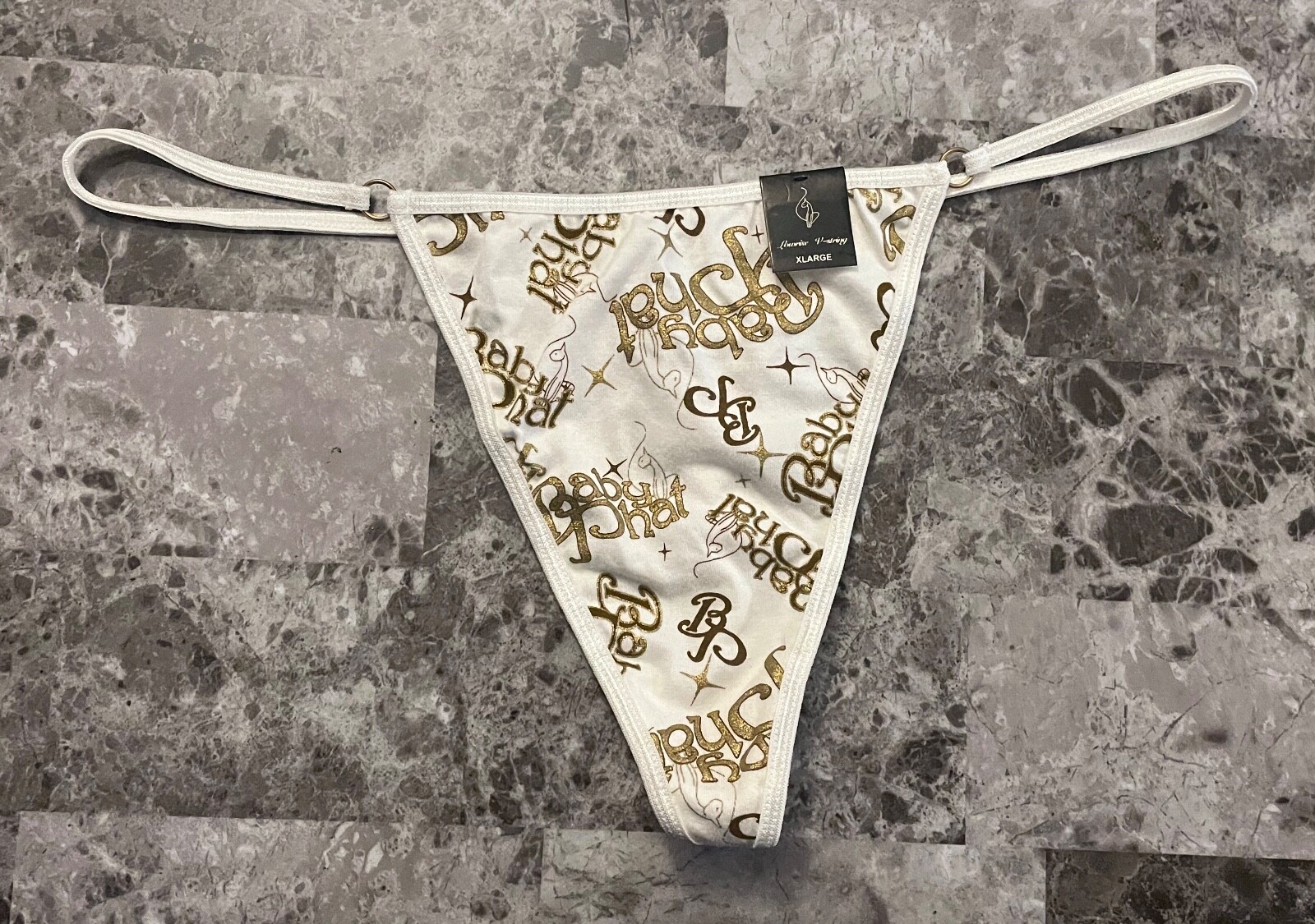 NWT BABY PHAT XL WHITE GOLD LOGO CAT PRINT VINTAGE RARE V STRING THONG PANTIES