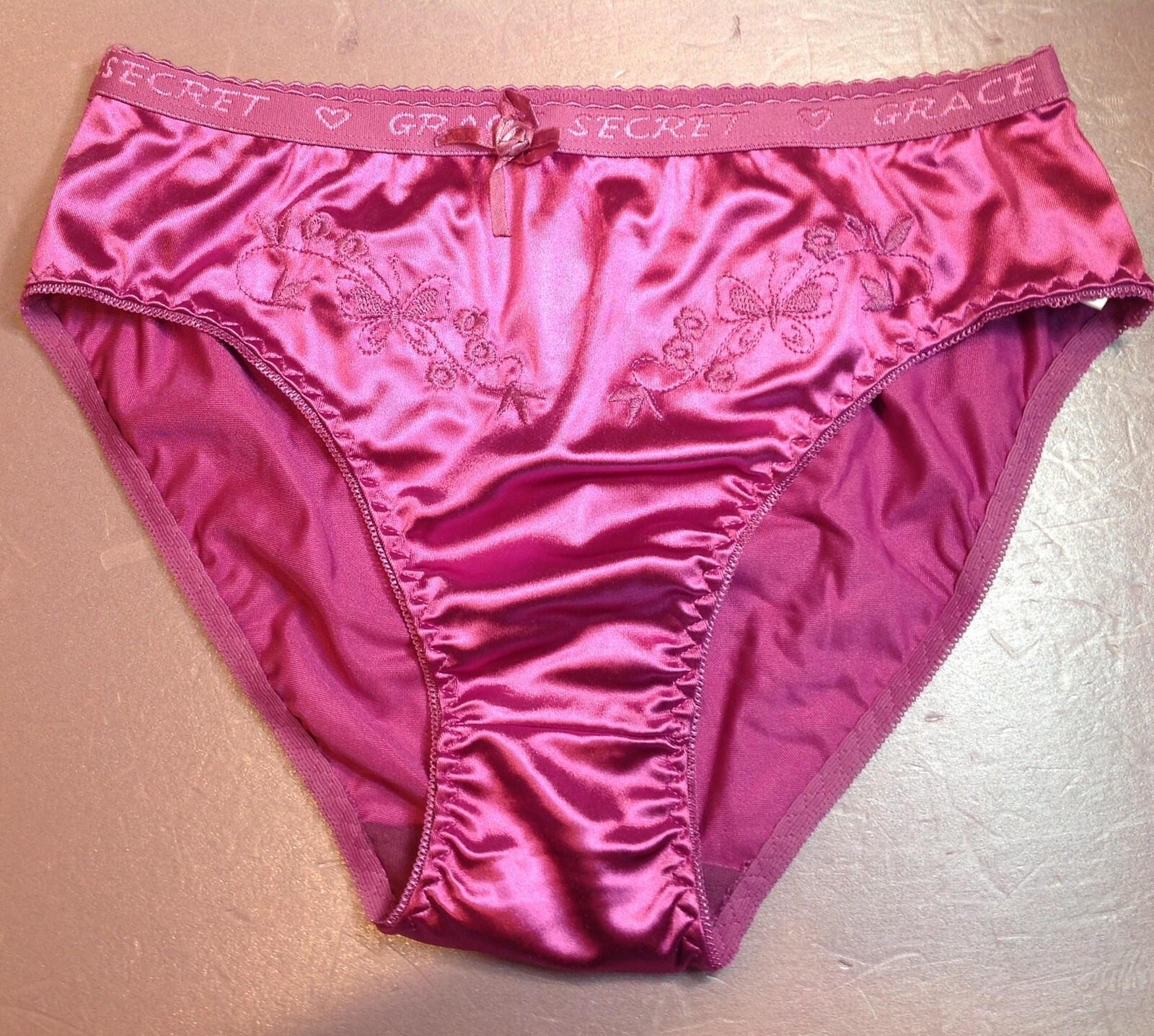Women Panties Bikinis GRACE Size L. Violet Nylon Satin W/Decoration Elastic