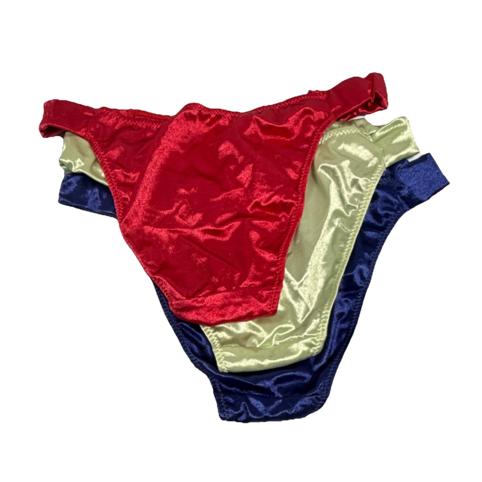 Thong Panties 3 Pack Red Yellow Blue Satin L Rhinestone Accent Women’s