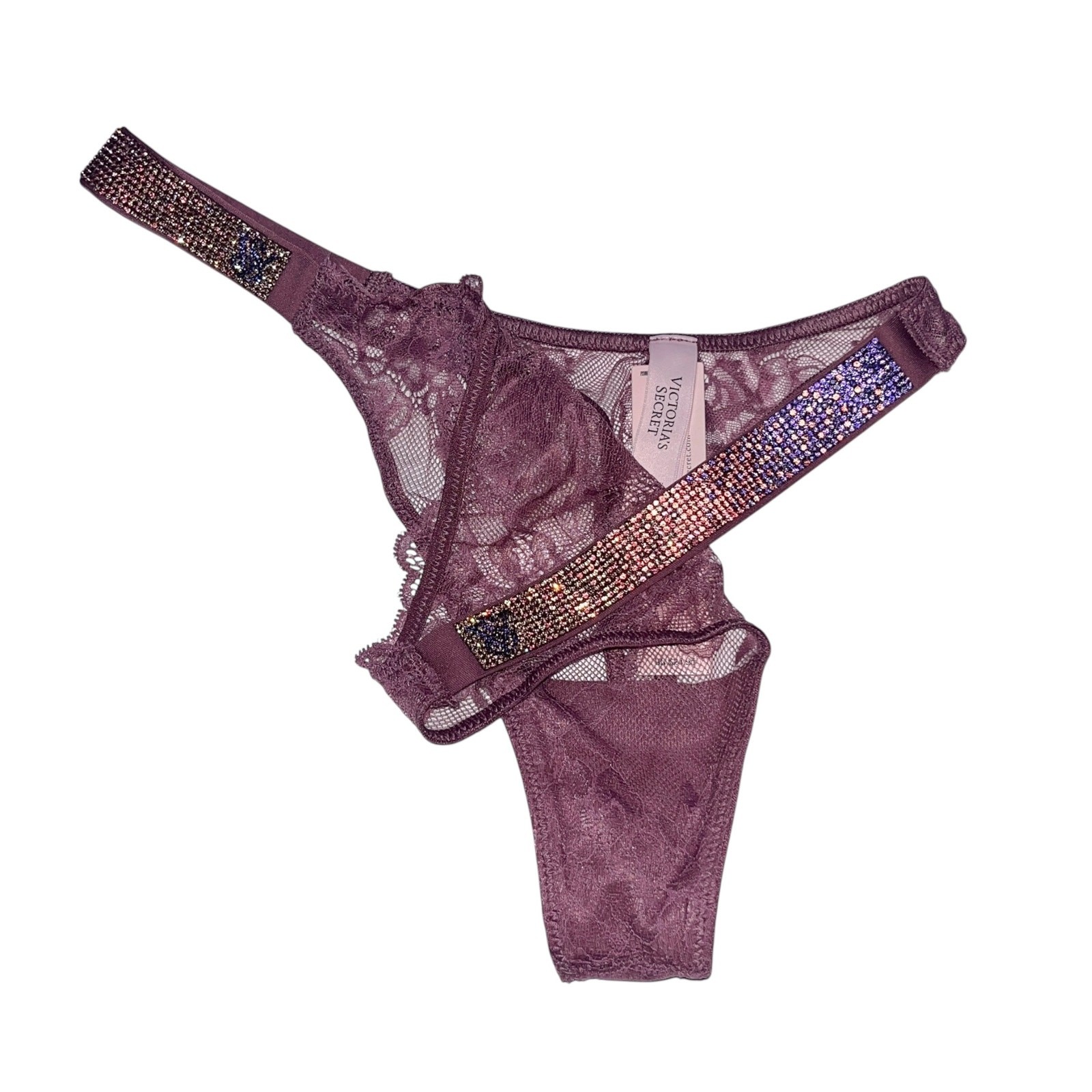 Victoria’s Secret Sunset Ombré Shine Strap Rose Lace Thong Purple Vapor Medium