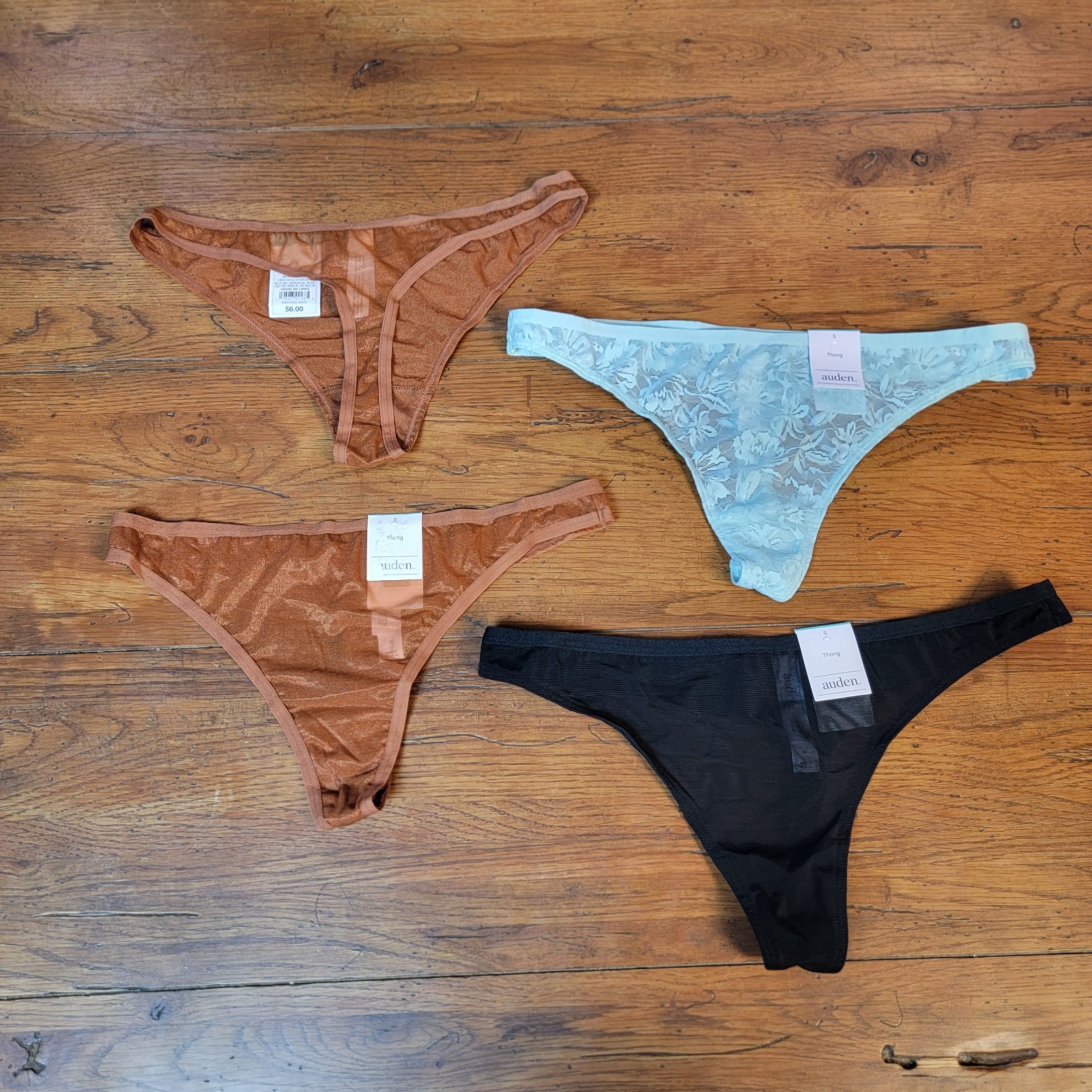 (4) Auden Womens Small (4-6) Nylon Mesh Thong Underwear Target S Brown Black