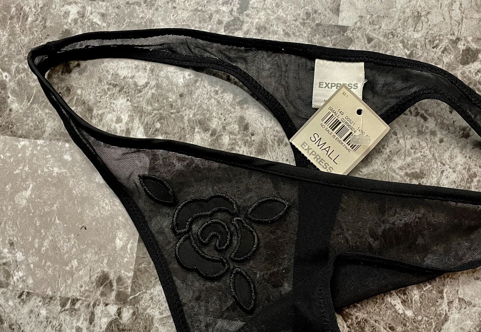 NWT EXPRESS SMALL BLACK SHEER MESH EMBROIDERED FLOWER RARE VINTAGE THONG PANTIES