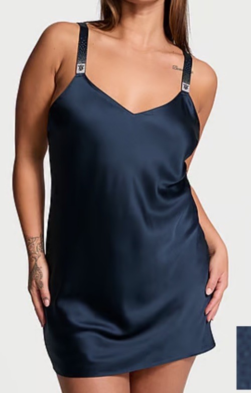 Victoria’s Secret Open Back Bling Strap Slip Dress Navy Blue Satin XXL NWT