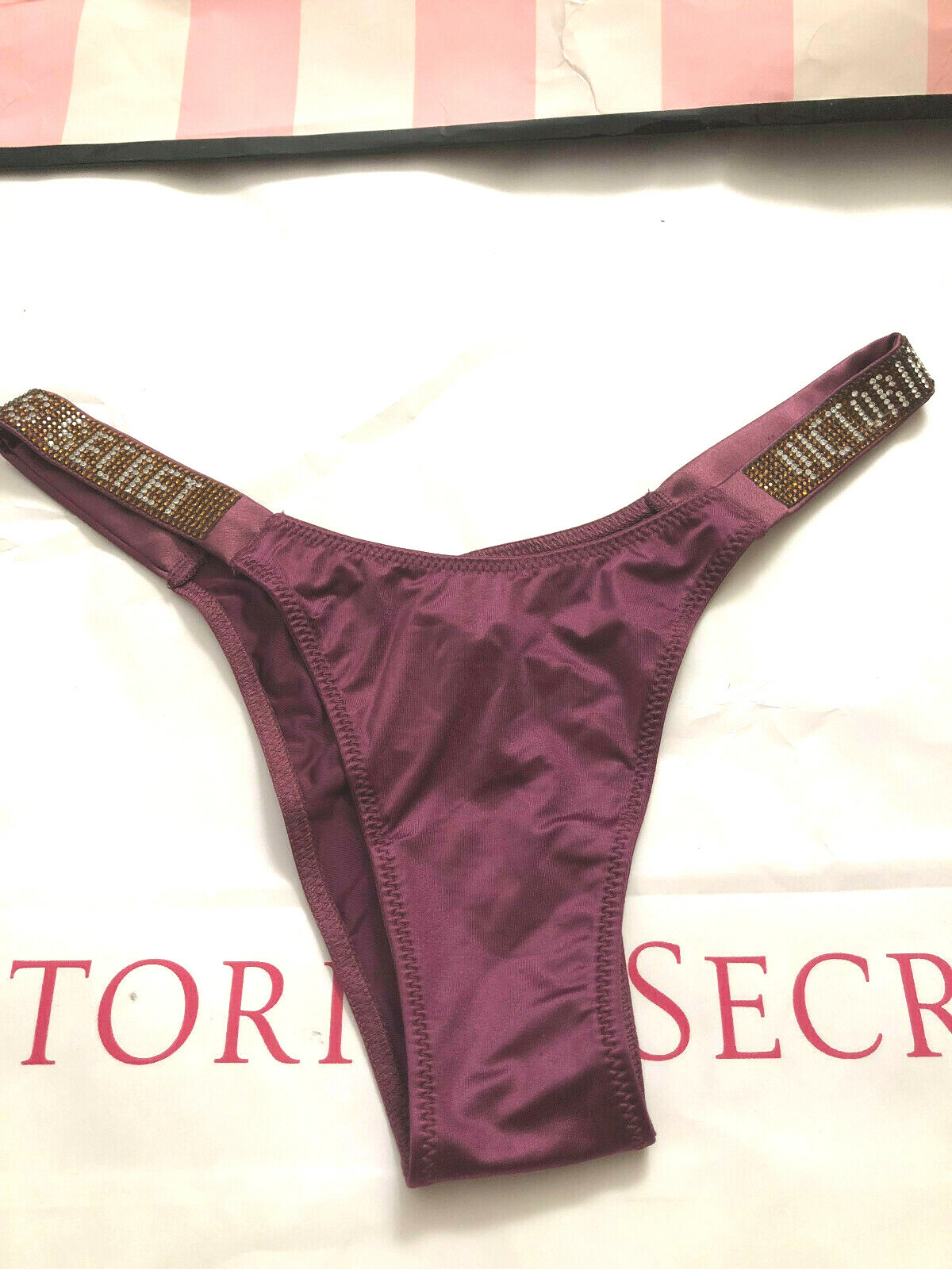 Victoria’s Secret Bombshell Shine Thong Panty Bling Rhinestone Maroon XS, M NWT