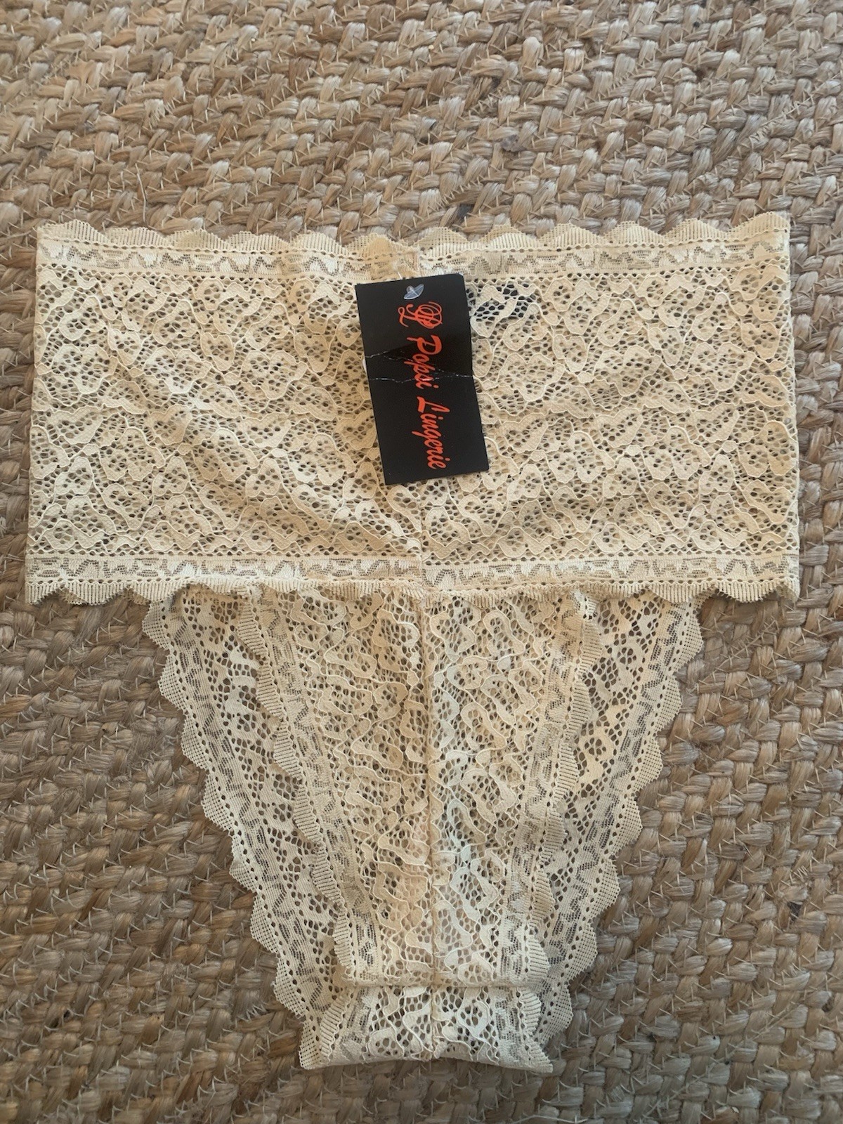 NWT Popsi Panty Beige Hi Cut Waist /Leg Panties Underwear Stretchy Lace Sz L