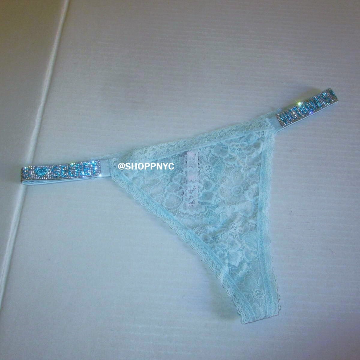 Victoria’s Secret Shine Strap Lace Thong Panty Size L Light Blue Rhinestones