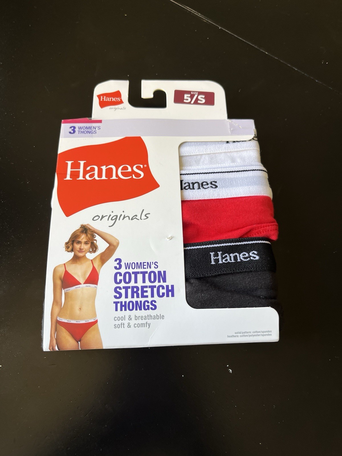 HANES Womens 3-Pack Cotton Stretch Thong Underwear Red White Black Size 5/S