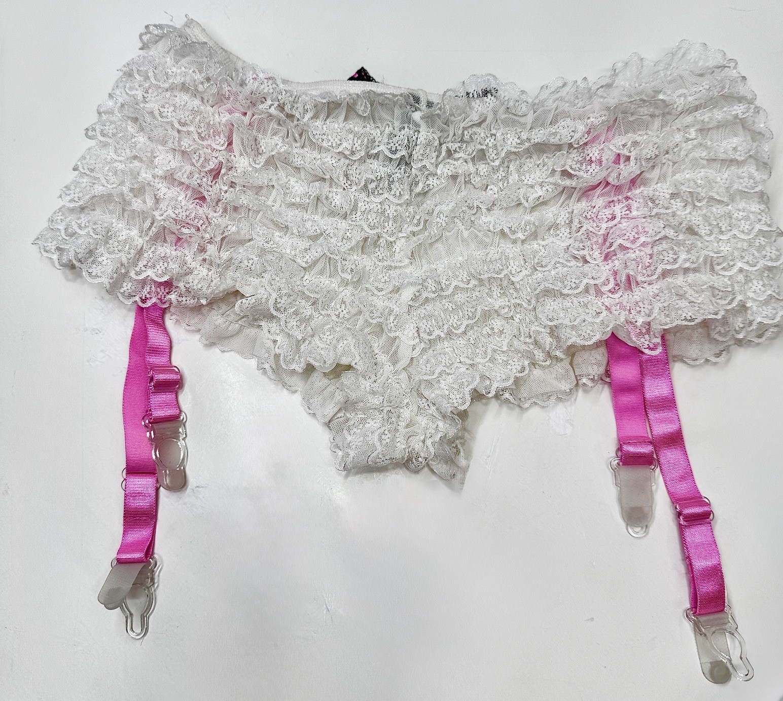 VTG Y2K Panties/Boyshorts attached Garter Straps White& Pink Lace Ruffle Pin-Up