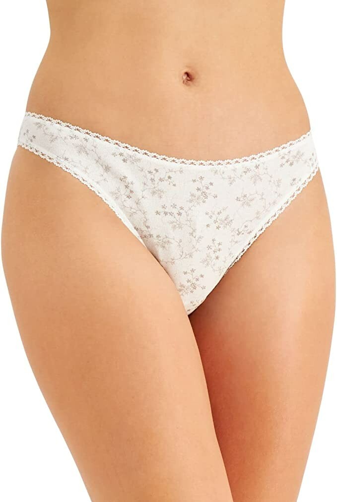 New Charter Club Women’s Cotton Floral-Print Thong Panty, Angel White, XX-Large
