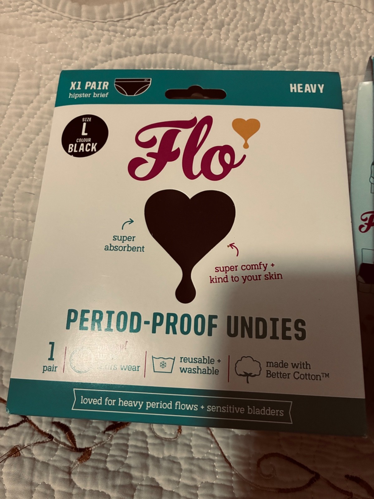 2 LOT Flo Period-Proof Undies, Hipster Brief , Washable, Size Large – New Black