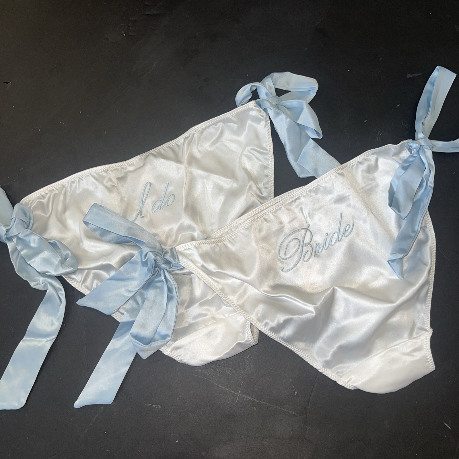 Victoria’s Secret M panty LOT 2 SATIN BLUE WHITE side tie BRIDE I DO EMBROIDERY