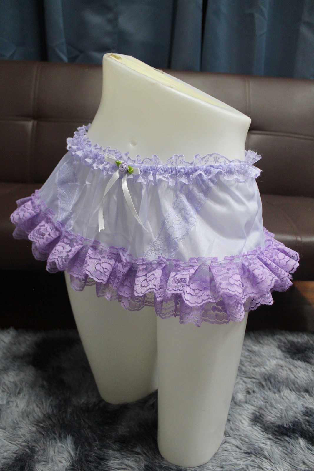 #A328 2XL/ElasticW.24-42″ VintageStyle 2PCS Purple Nylon Half Slip + White Brief
